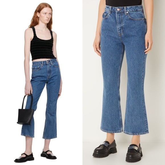 GANNI 90s Organic Cotton Stone Wash Denim High Rise Cropped Bootcut Leg Jeans 27 - Picture 3 of 10